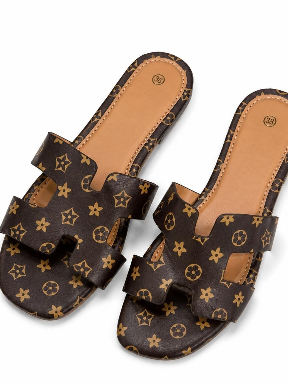 Aurelia Brown and Tan Monogram Slide Sandals